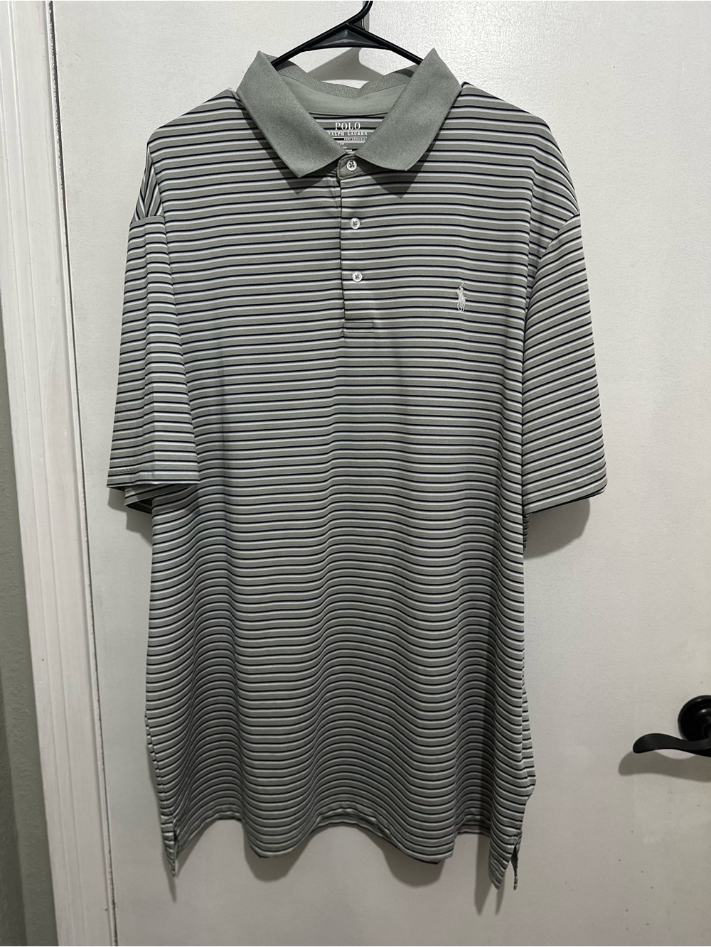 Polo Performance by Ralph Lauren Light Gray Polo with white & Navy Stripes ,